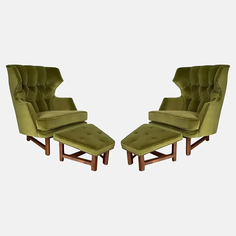 Pair Green Velvet Janus Wing Chairs with Ottomans by Edward Wormley for Dunbar