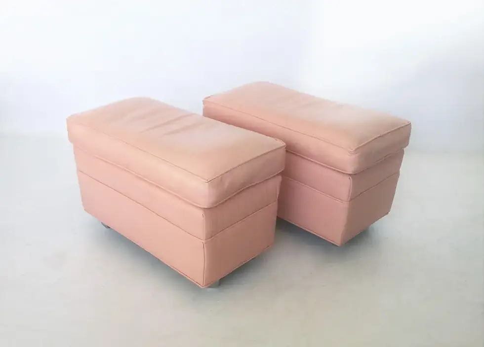 Thumbnail: Pair of Mid-Century Modern Pink Ombre Leather Ottomans on Casters