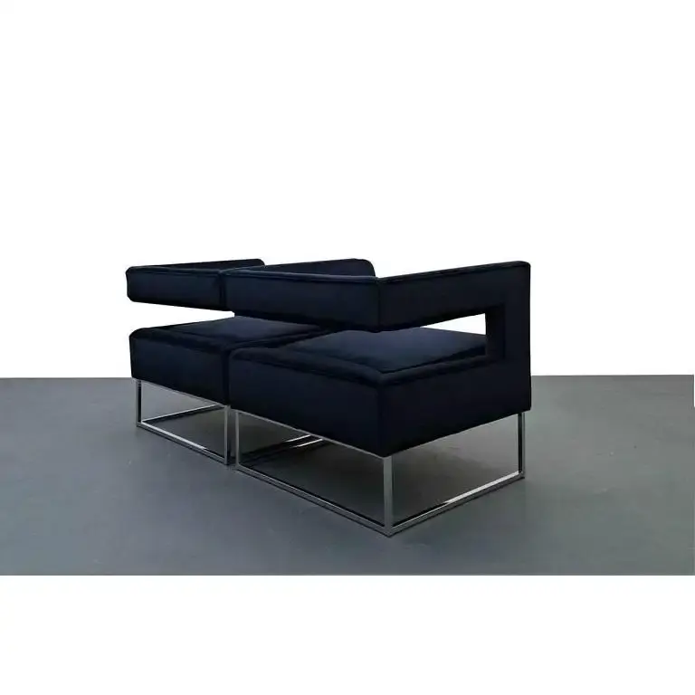 Thumbnail: Pair of Minimalist Floating Back Cube Chairs in Blue Velvet