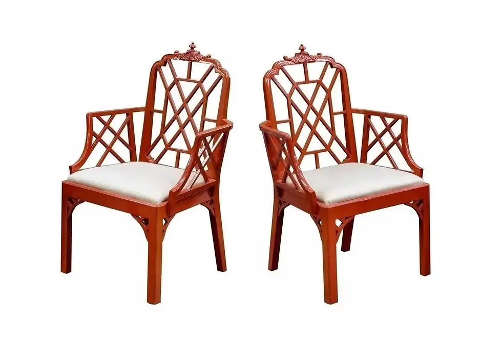 Thumbnail: Vintage Set of 6 Newly Lacquered Pagoda Chinese Chippendale Dining Chairs
