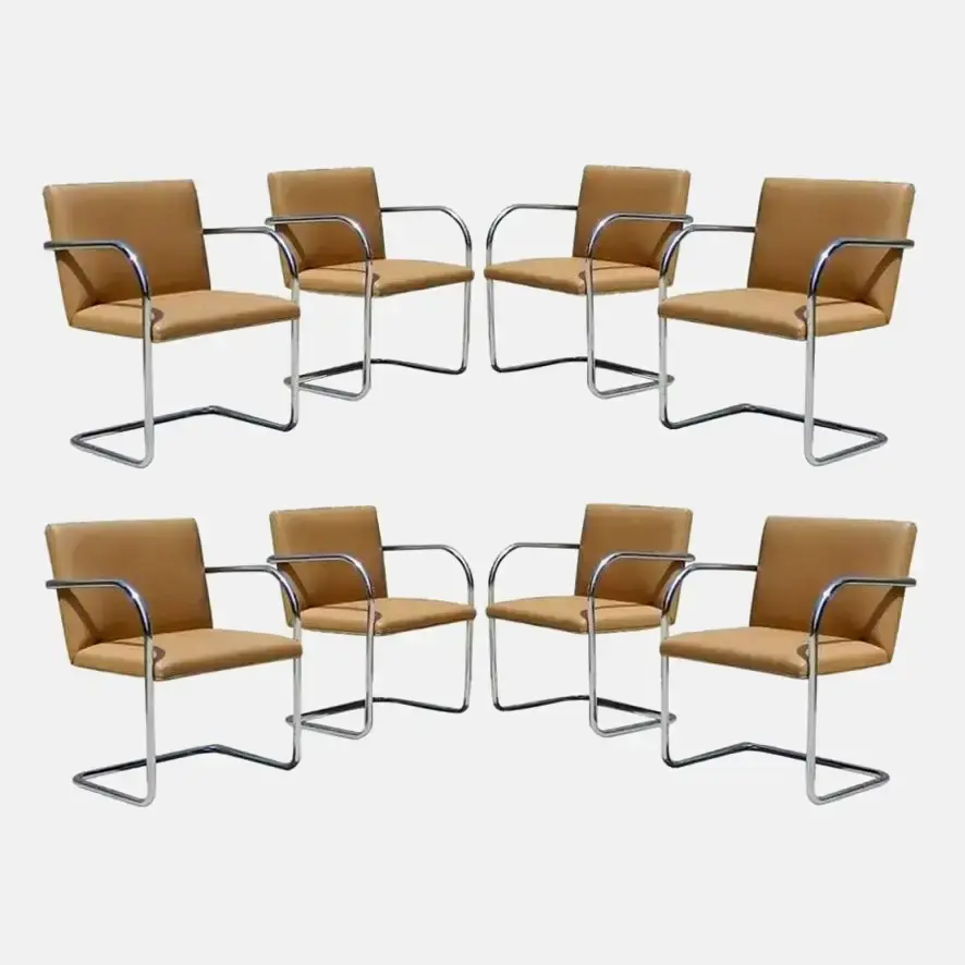 Eight Chrome and Camel Colored Mies van der Rohe Tubular Brno Chairs by Knoll