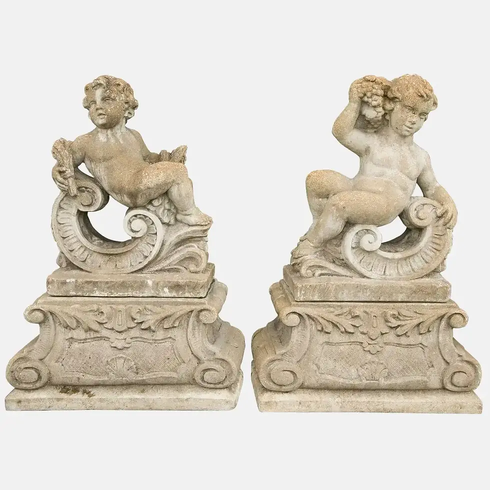 Pair of Classical Stone Composite Putti Garden Statues Holding Wheat and Grapes