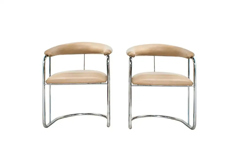 Eight Sleek Beige Leatherette Chrome Dining Chairs by Anton Lorenz for Thonet
