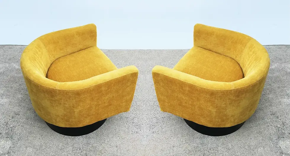 Thumbnail: Pair Milo Baughman Yellow Barrel Back Swivel Chairs
