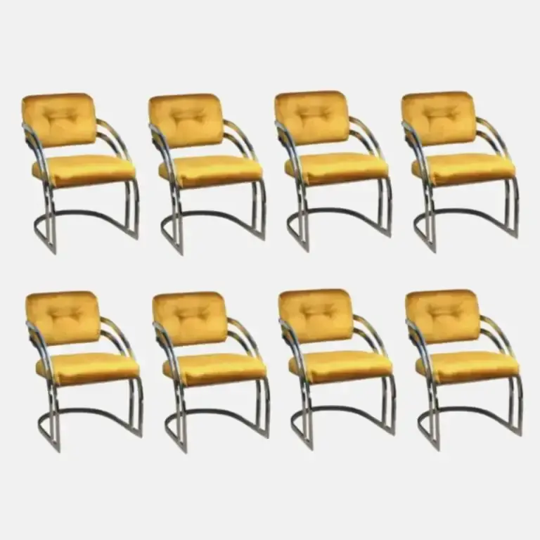 Eight Gold Velvet Milo Baughman Style Chrome Dining Chairs
