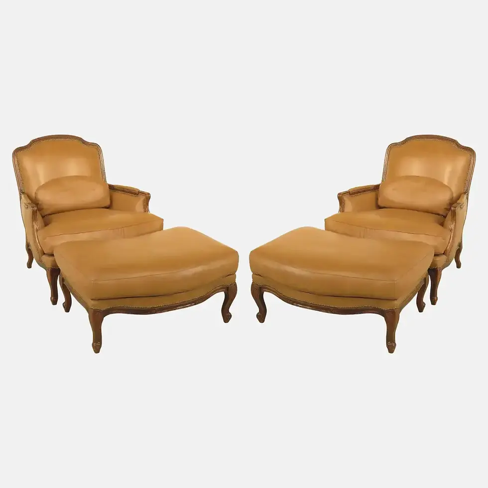 Classic Pair of French Louis XV Style Leather Bergères with Ottomans