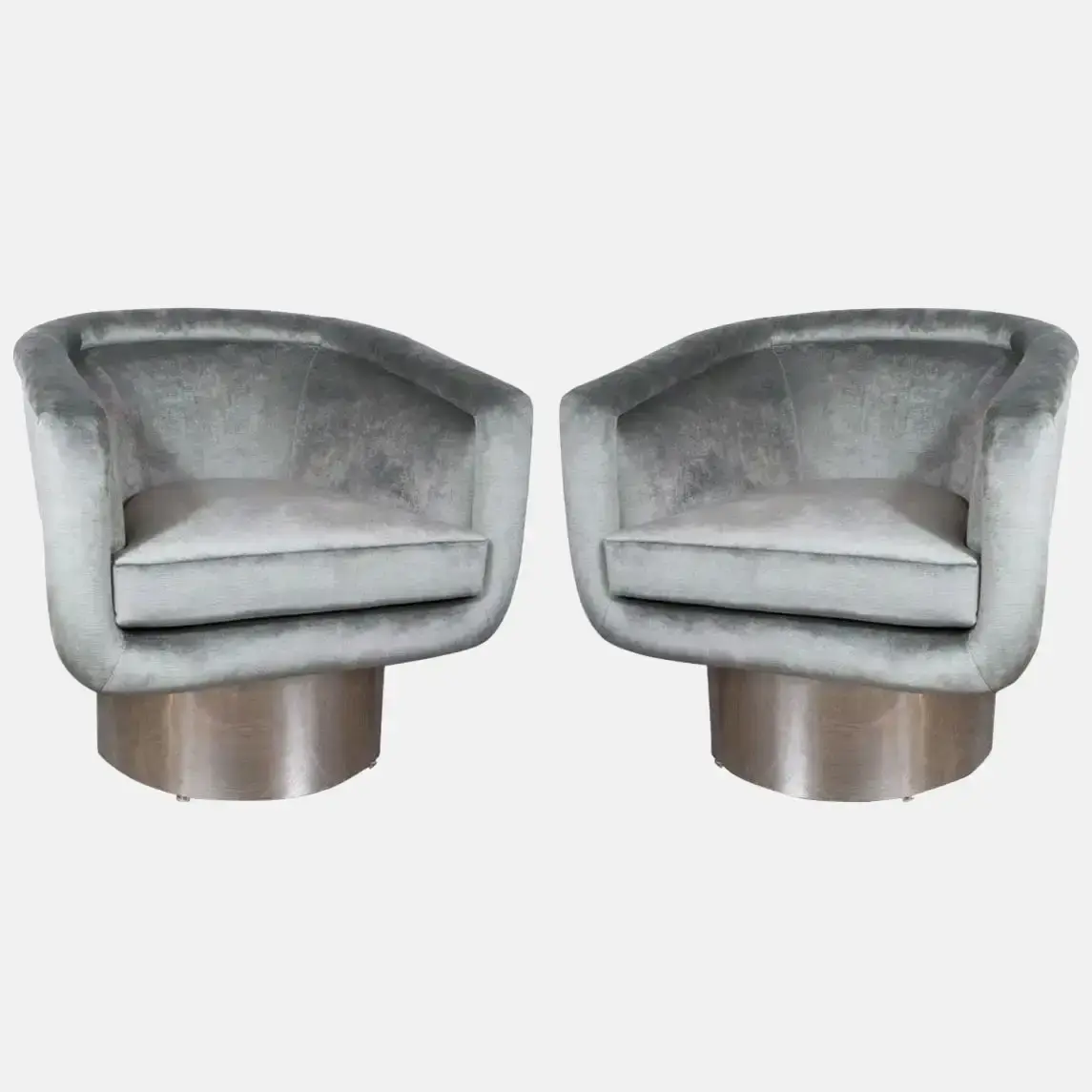 Pair of Grey Velvet Chrome Swivel Chairs by Leon Rosen for Pace