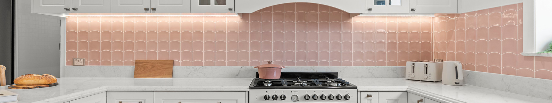 Bentley's Wardrobes & Kitchen Showroom kitchen with Caesarstone Rosa Nova Benchtop and Polyurethane 2PAC cabinetry