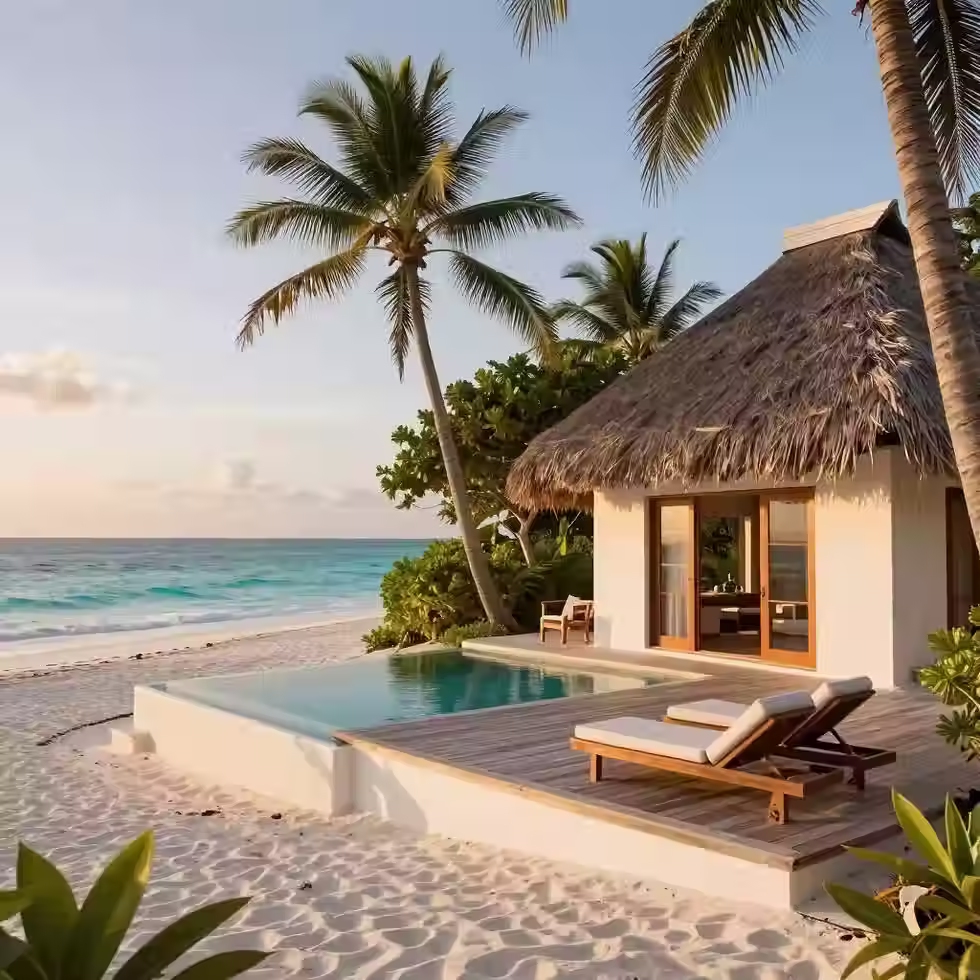 Exclusive oceanfront resort villa with a private sun deck, lounge chairs, and swimming pool on a pristine Tanzanian beach.