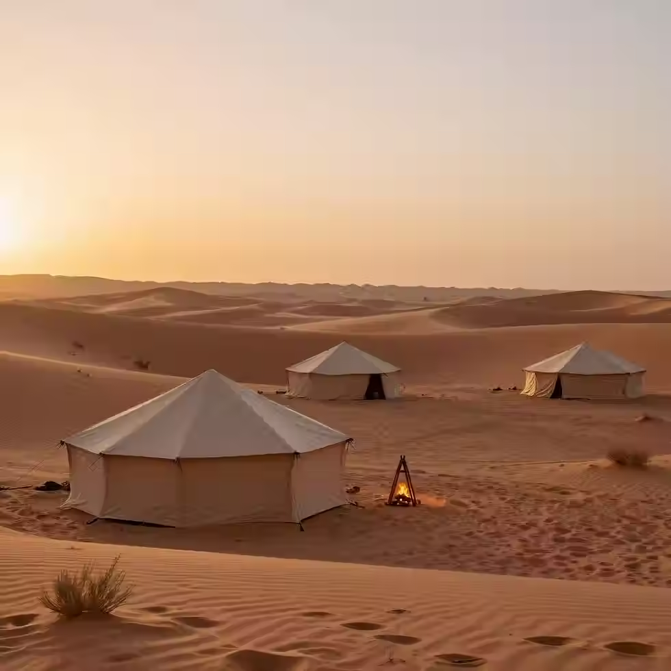 An exclusive luxury desert glamping tent pitched among the golden dunes of the Sahara, featuring a private outdoor seating area for stargazing.