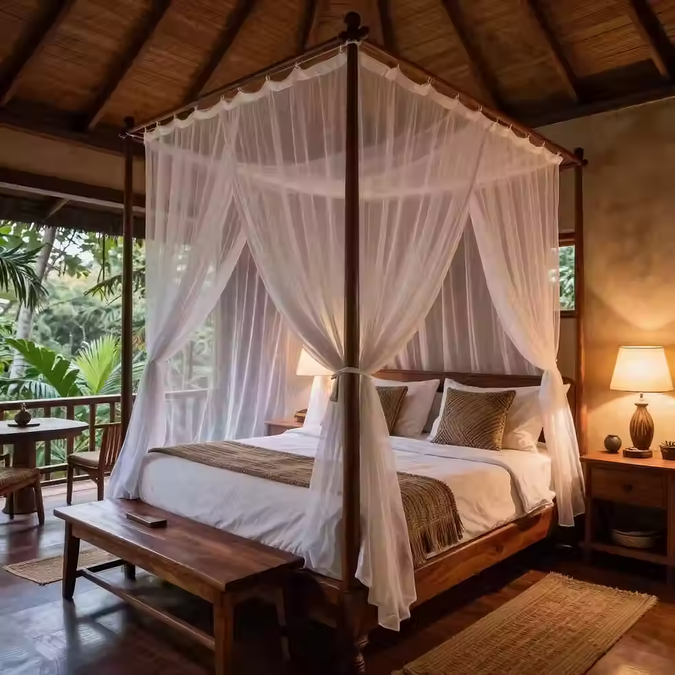 An exclusive private safari villa bedroom with an en-suite lounge area and wide viewing deck, showcasing premium finishes for a high-end honeymoon or luxury holiday.