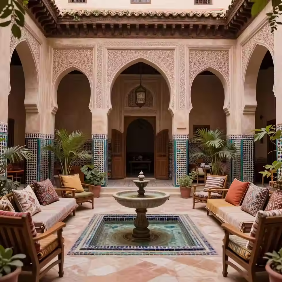 The elegant terrace of a premium boutique hotel in Djanet, showcasing traditional Saharan architecture and panoramic views of the surrounding desert palms and sandstone mountains.
