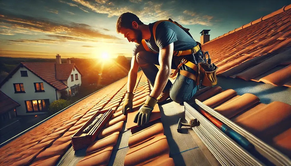 DALL·E 2024-12-03 19.14.36 - A hard-working roofer on top of a sloped roof, laying and sec