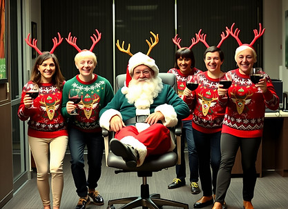 set in an office with 10 silly, happy people wearing Christmas jumpers, with glasses of wi