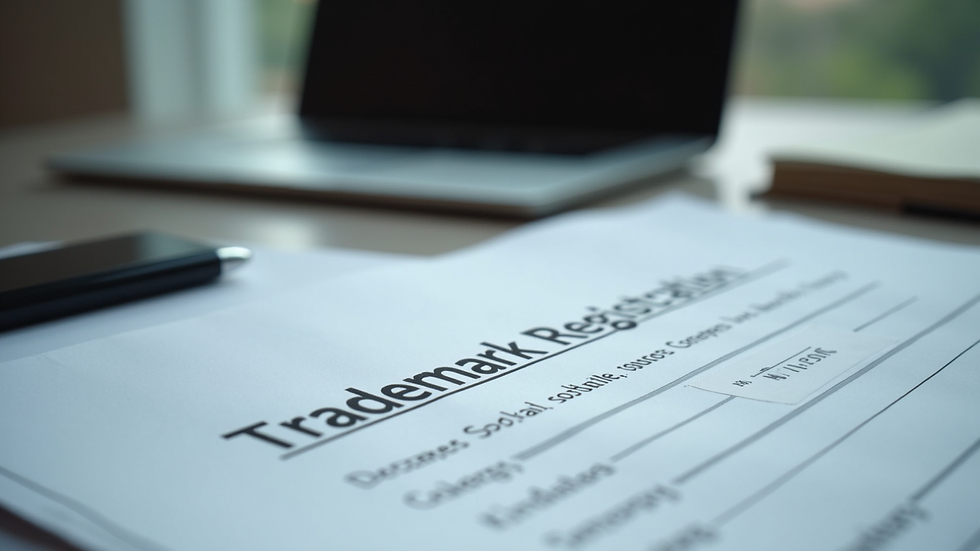 Eye-level view of a desk with a laptop and documents related to trademark registration