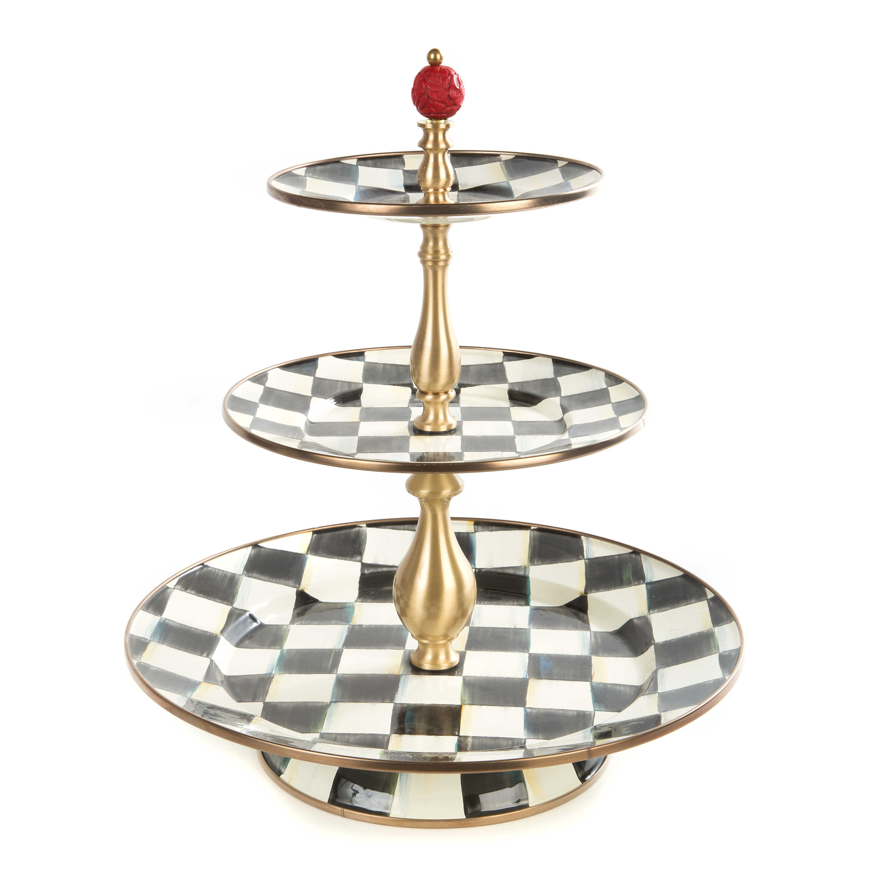 MacKenzie-Childs Courtly Check, Black and White Checked Enamel Three Tier Sweet Stand