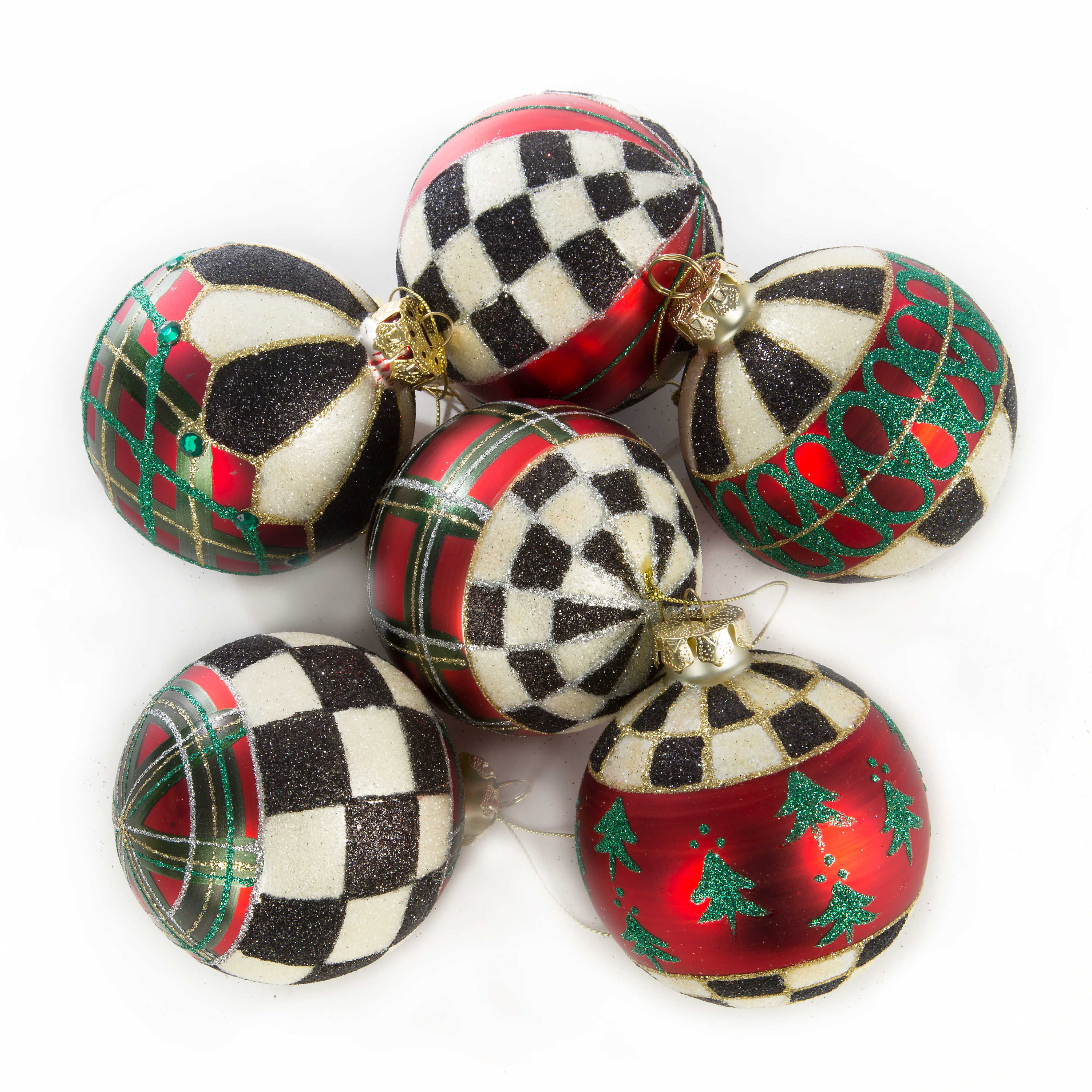 MacKenzie-Childs Tartan Glass Ball Ornaments - Set of 6
