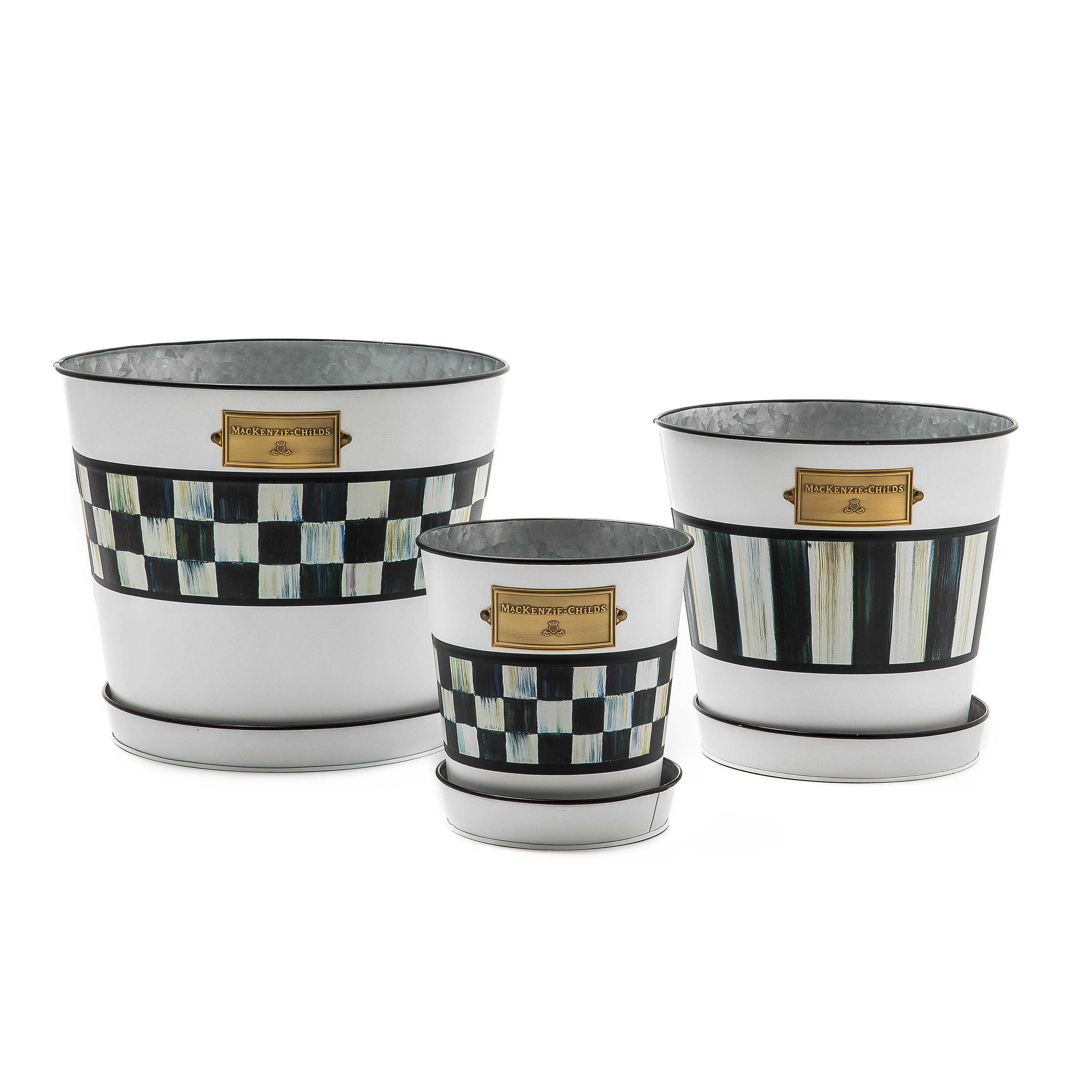 Mackenzie-Childs Courtly check, Black and white checked and striped plant pots and saucers
