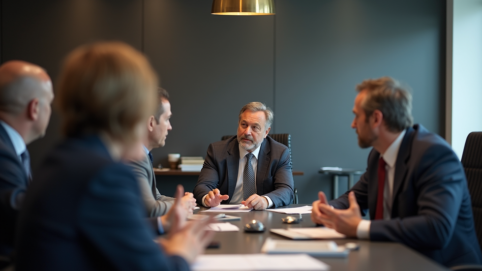 Eye-level view of a CXO discussing compliance strategies in a boardroom