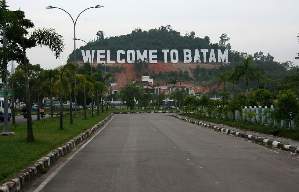 Large white letters spelling 'WELCOME TO BATAM' on a hillside, viewed from a wide road lined with palm trees.