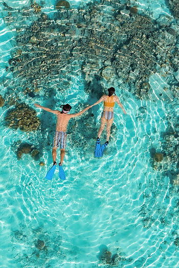 A couple snorkeling hand in hand in crystal-clear turquoise water above a shallow coral reef, viewed from above.