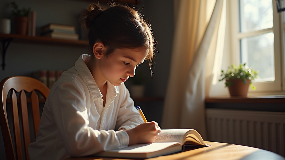 Eye-level view of a person journaling in a cozy setting