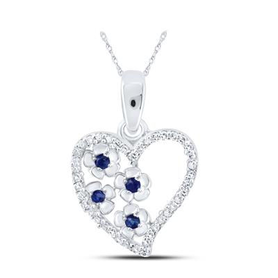 10k White Gold Round Blue Sapphire Diamond Heart Pendant 1/8 Cttw