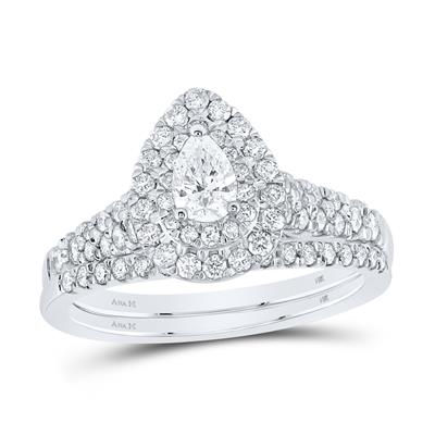 14k White Gold Pear Diamond Halo Bridal Set 1 Cttw (Certified)