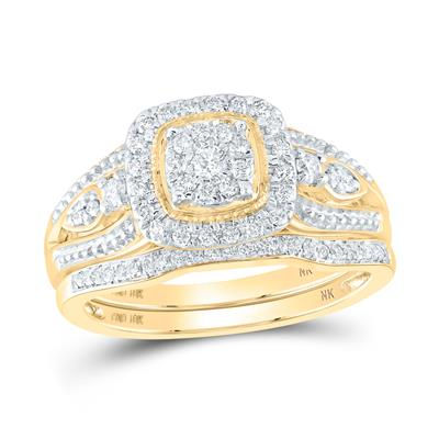 10k Yellow Gold Round Diamond Square Cluster Bridal Set 3/8 Cttw