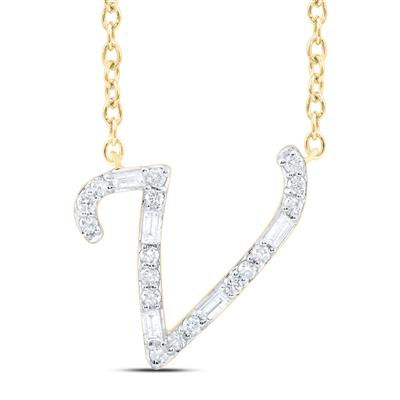 1/5CTW-DIA CN INITIAL "V" FASHION BAGUETTE NECKLACE (18 INCH)