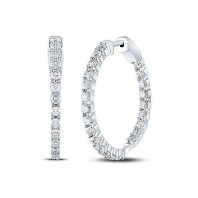 14k White Gold Round Diamond Inside-Outside Hoop Earrings 3 Cttw