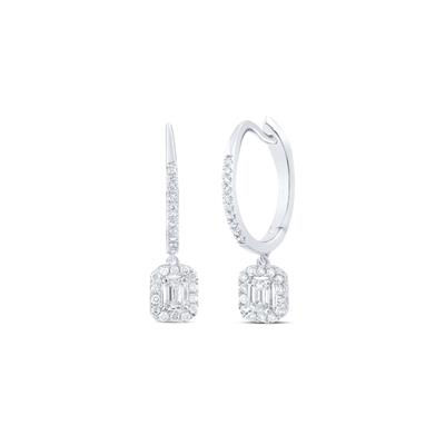 14k White Gold Emerald Diamond Hoop Dangle Earrings 1/2 Cttw