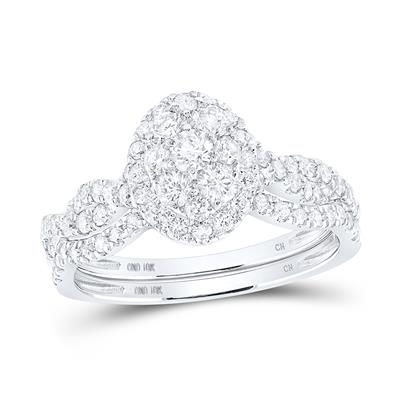 10k White Gold Round Diamond Oval Cluster Bridal Set 1 Cttw