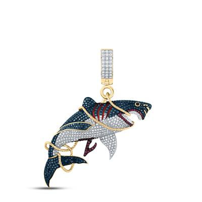 14k Yellow Gold Round Ruby Diamond Shark Charm Pendant 3-1/2 Cttw