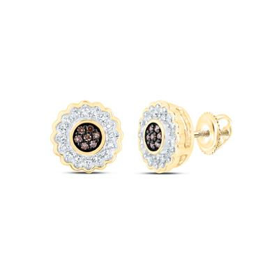 10k Yellow Gold Round Brown Diamond Cluster Earrings 1/6 Cttw