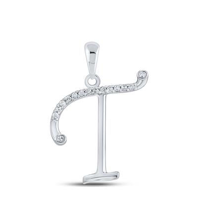 10k White Gold Round Diamond Initial T Letter Pendant 1/10 Cttw