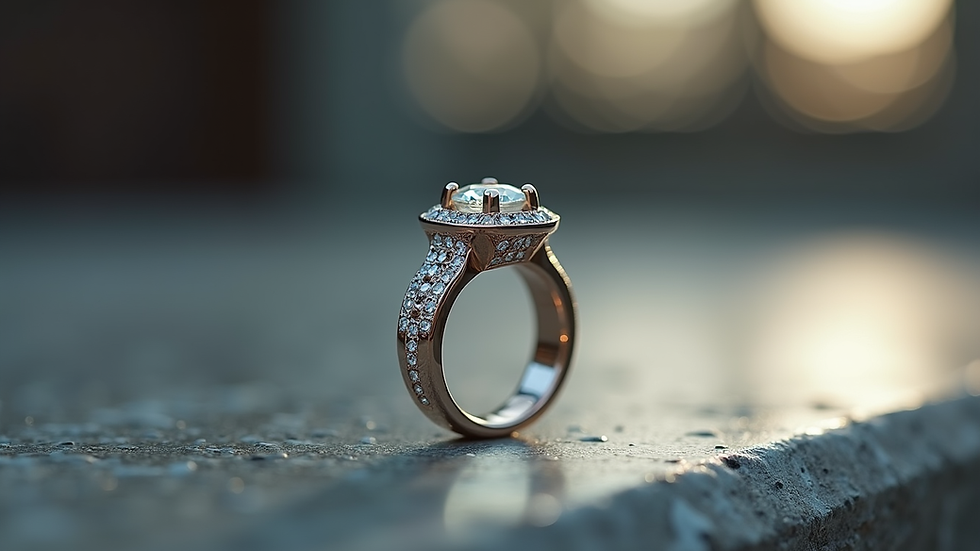 Eye-level view of a custom-designed luxury gemstone ring with modern metal band