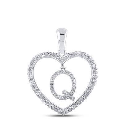 10k White Gold Round Diamond Heart Q Letter Pendant 1/4 Cttw