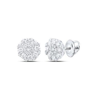14k White Gold Round Diamond Octagon Cluster Earrings 7/8 Cttw