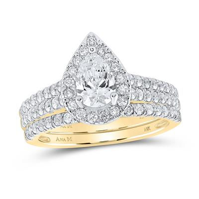 14k Yellow Gold Pear Diamond Halo Bridal Set 1-1/2 Cttw (Certified)