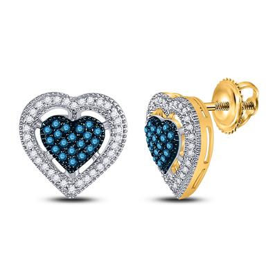 10k Yellow Gold Round Blue Diamond Heart Earrings 3/8 Cttw