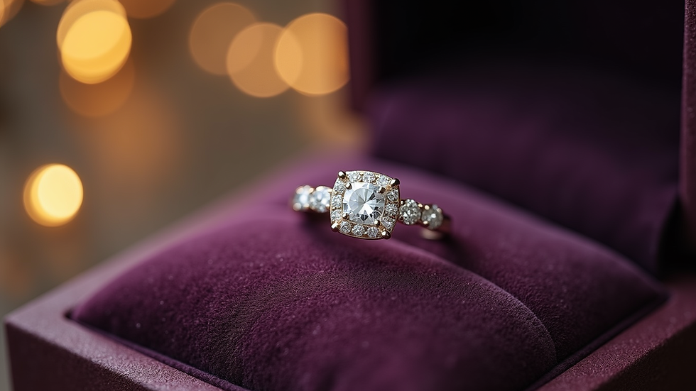 Close-up view of a sparkling custom diamond ring on a velvet cushion