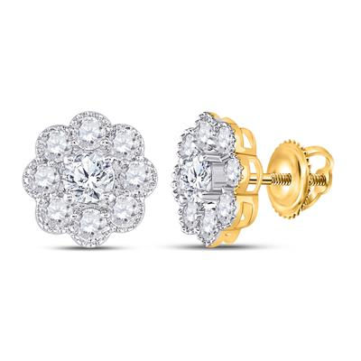 14k Yellow Gold Round Diamond Flower Cluster Earrings 2 Cttw