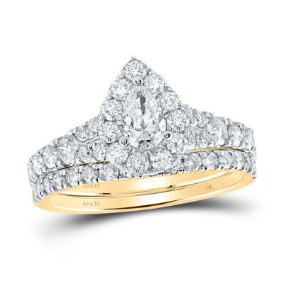 14k Yellow Gold Pear Diamond Halo Bridal Set 1-1/2 Cttw (Certified)