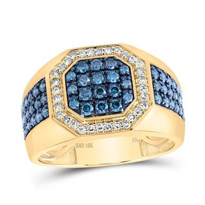 10k Yellow Gold Round Blue Diamond Octagon Ring 1-1/5 Cttw