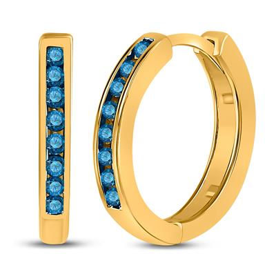 10k Yellow Gold Round Blue Diamond Hoop Earrings 1/4 Cttw