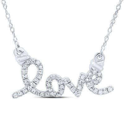 10kt White Gold Round Diamond Love Pendant Necklace 1/8 Cttw