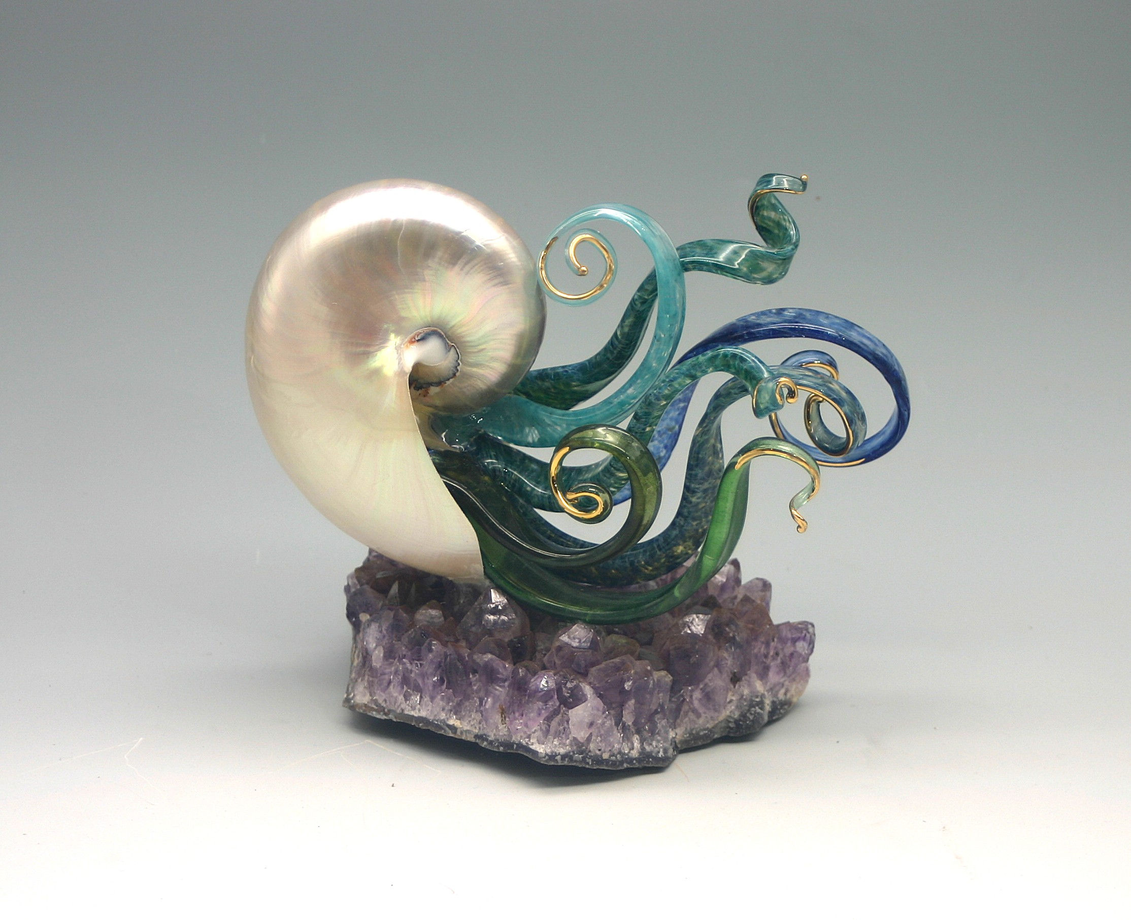 Pearl nautilus with tendrils on Amethyst Gemstone base