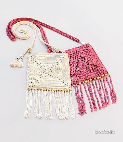 granny square style crocheted fringe shoulder bag