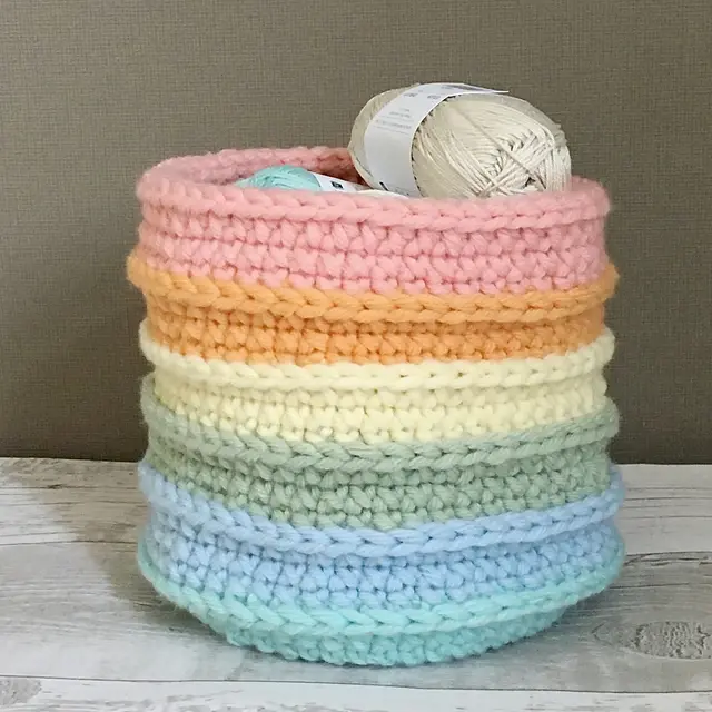 crochet pastel rainbow basket